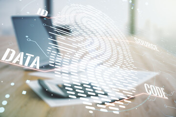Aufkleber - Double exposure of virtual creative fingerprint hologram on calculator and pc background, protection of personal information concept