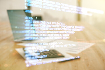 Poster - Multi exposure of abstract programming language hologram on calculator and pc background, artificial intelligence and machine learning concept