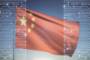 Poster - Double exposure of abstract virtual circuit hologram on flag of China and sunset sky background. Research and development hardware concept