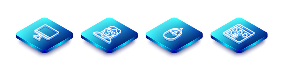 Set Isometric line Computer monitor screen, Hacker coder, mouse and Browser files icon. Vector