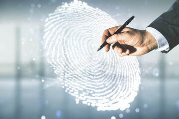 Aufkleber - Multi exposure of developer's hand with pen working with virtual graphic fingerprint sketch on blurred office background, fingerprint scan data concept