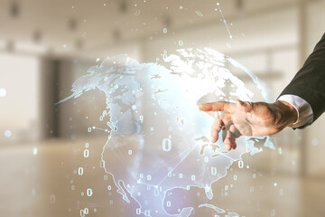 Aufkleber - Multi exposure of programmer's hand clicks on abstract graphic coding sketch and world map on blurred office background, big data and networking concept
