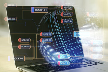 Poster - Abstract creative coding concept with world map on modern laptop background. Multiexposure
