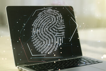 Aufkleber - Abstract creative fingerprint illustration on modern computer background, personal biometric data concept. Multiexposure