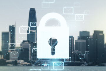 Poster - Abstract virtual lock sketch with email symbols hologram on San Francisco office buildings background, protection of personal data concept. Multiexposure