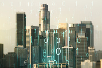 Aufkleber - Abstract virtual binary code hologram on Los Angeles cityscape background, AI and machine learning concept. Multiexposure