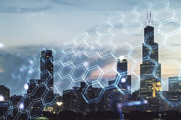 Poster - Abstract virtual wireless technology hologram with hexagon on Chicago skyline background. Big data and database concept. Multiexposure