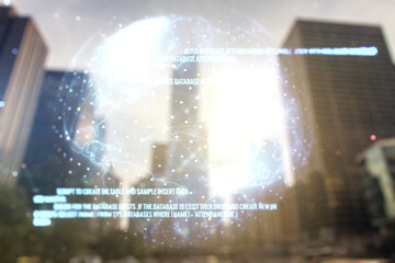 Poster - Abstract virtual coding concept and world map hologram on office buildings background. Multiexposure