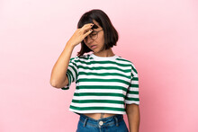 Young Mixed Race Woman Isolated On Pink Background With Headache