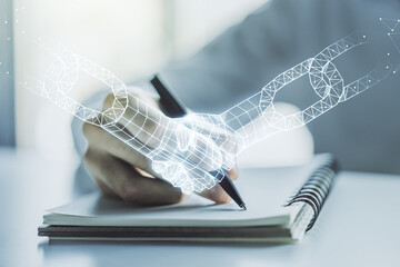 Poster - Creative abstract block chain technology hologram with handshake and man hand writing in diary on background, cryptography and decentralization concept. Multi exposure