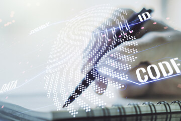 Aufkleber - Double exposure of abstract creative fingerprint hologram with woman hand writing in notepad on background, protection of personal information concept