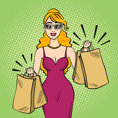 Smiling caucasian woman holding shopping bags, sale concept vector illustration in pop art retro comic style