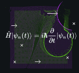 Poster - Erwin Schroedinger's linear partial differential equation that describes the wave function of a quantum-mechanical system. Abstract vector illustration with formula and particle field.