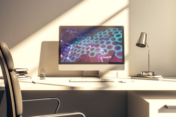 Poster - Creative concept of wireless technology with hexagon hologram on modern laptop screen. Big data and database concept. 3D Rendering