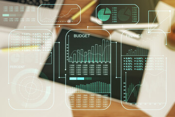 Poster - Double exposure of abstract creative statistics data hologram and digital tablet on background, top view, statistics and analytics concept