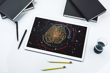 Poster - Top view of modern digital tablet monitor with creative artificial Intelligence symbol. Neural networks and machine learning concept. 3D Rendering