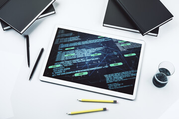 Poster - Top view of modern digital tablet screen with abstract creative programming illustration, big data and blockchain concept. 3D Rendering