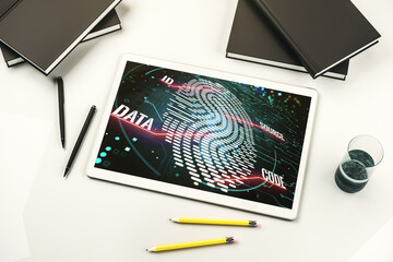 Poster - Top view of modern digital tablet display with creative fingerprint hologram, personal biometric data concept. 3D Rendering
