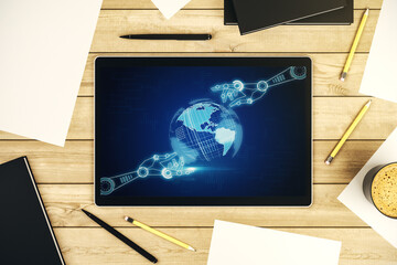 Aufkleber - Creative abstract robotics technology sketch with globe on modern digital tablet screen, future technology and AI concept. Top view. 3D Rendering