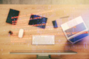 Poster - Abstract creative coding concept on modern laptop background. Multiexposure