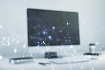 Poster - Double exposure of technology hologram on laptop background. Research and development software concept