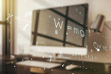 Double exposure of creative scientific formula concept on laptop background, research and development concept