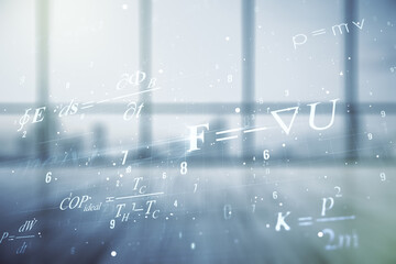 Poster - Scientific formula hologram on empty classroom background, research concept. Multiexposure