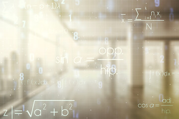 Abstract scientific formula hologram on empty classroom background. Multiexposure