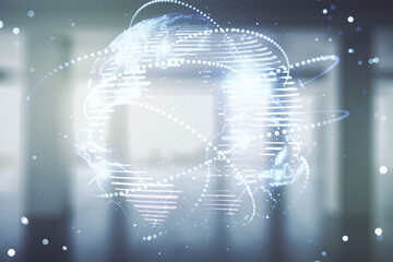 Poster - Abstract graphic digital world map hologram with connections on modern interior background, globalization concept. Multiexposure