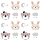 Cute kids vector seamless pattern with funny baby animals, bear and bunny, moon, stars, clouds, rain. Cartoon illustration for baby shower, nursery room decor, children design