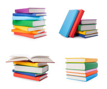Set Of Colorful Books Isolated On White Background. Collection Of Different Books. Hardback Books For Reading. Back To School And Education Learning Concept