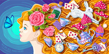 Wonderland Banner.  Alice With Roses In Hair.  Roses, Keys And Clocks, Teapot And Cup, White Rabbit, Poison And Cards.  Inscriptions  We're All Mad Here,  Follow The White Rabbit