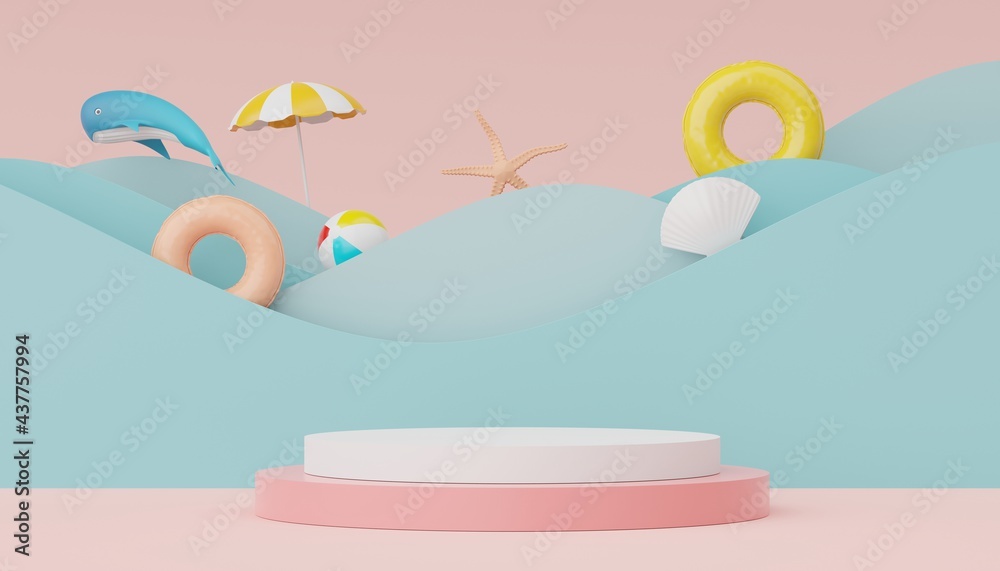 3d render of Abstract minimal  display podium for showing products or cosmetic presentation with summer beach scene. Summer time. - obrazy, fototapety, plakaty 