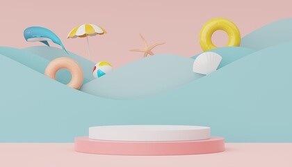3d render of Abstract minimal  display podium for showing products or cosmetic presentation with summer beach scene. Summer time.