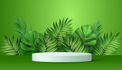 Podium in green background with tropical leaves. Abstract scene. Product presentation, mockup, show podium, stage pedestal, platform. 3d vector illustration.