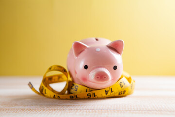 measuring tape wrapped around the piggy bank