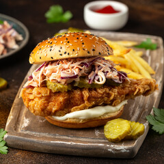 Wall Mural - Fried chicken burger, sandwich with coleslaw, pickled gherkins, mayonnaise and beer. Fast food.