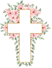 Watercolor Easter Pink flowers Cross Clipart, Delicate Peony Florals Frame Clip art, Hand painted Pink Baptism Crosses, Wedding Invites, new baby girl, Holy Spirit illustration, greenery cross