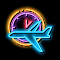 Poster - Plane Fly Time Or Lateness neon light sign vector. Glowing bright icon Flying Airplane And Time Clock Watch Concept Linear Pictogram. Air Transport Aircraft sign. transparent symbol illustration