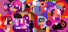 Modern Abstract Art Vector Illustration With Ten Different Persons. Large Group Of People. Gloomy Colors Artwork.