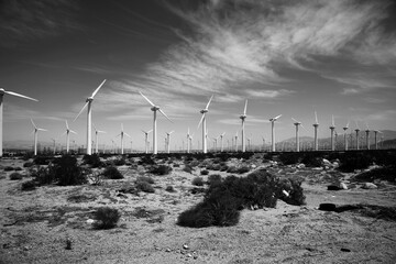 Windmills in the deserts of Palm Springs California. Power generating windmills (wind turbines) near Palm Springs California, USA. Windmills create free Green Electricity. 