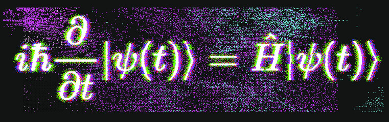 Poster - Position-space Schrodinger equation for a single nonrelativistic particle in one dimension. Conceptual illustration of the particle field in pixel art style.