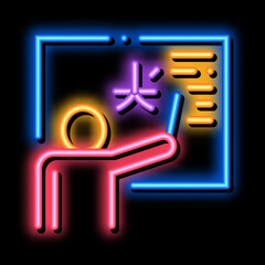 Poster - Foreign Language Teacher neon light sign vector. Glowing bright icon Human Teacher Pointing On Blackboard Concept Linear Pictogram. Education sign. transparent symbol illustration
