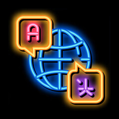 Poster - World International Language neon light sign vector. Glowing bright icon Globe With Quote Frames And Different Country Speak Language sign. transparent symbol illustration