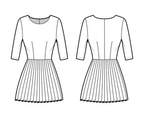 Wall Mural - Dress pleated technical fashion illustration with elbow sleeves, fitted body, mini length skirt. Flat apparel front, back, white color style. Women, men unisex CAD mockup