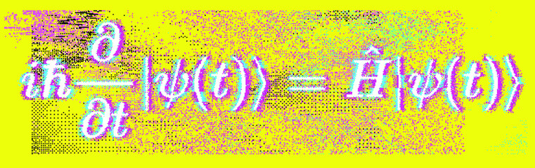 Poster - Position-space Schrodinger equation for a single nonrelativistic particle in one dimension. Conceptual illustration of the particle field in pixel art style.