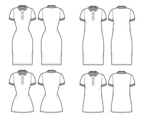 Wall Mural - Set of Dresses polo fashion illustration with short sleeves, oversized fitted body, knee mini length pencil skirt, henley neckline. Flat apparel front, back, white color. Women, men unisex CAD mockup