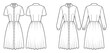 © Vectoressa - Set of Dresses shirt technical fashion illustration with short long sleeves, camp collar, knee length full skirt, button closure. Flat apparel front, back, white color style. Women, men unisex CAD