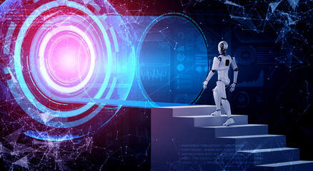 Poster - 3D rendering robot humanoid walk up stair to success and goals achievement. Concept of AI thinking brain and machine learning process for the 4th fourth industrial revolution .