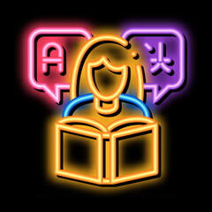 Aufkleber - Woman Learning Language neon light sign vector. Glowing bright icon Girl With Dictionary Reading Book For Study Foreign Language sign. transparent symbol illustration